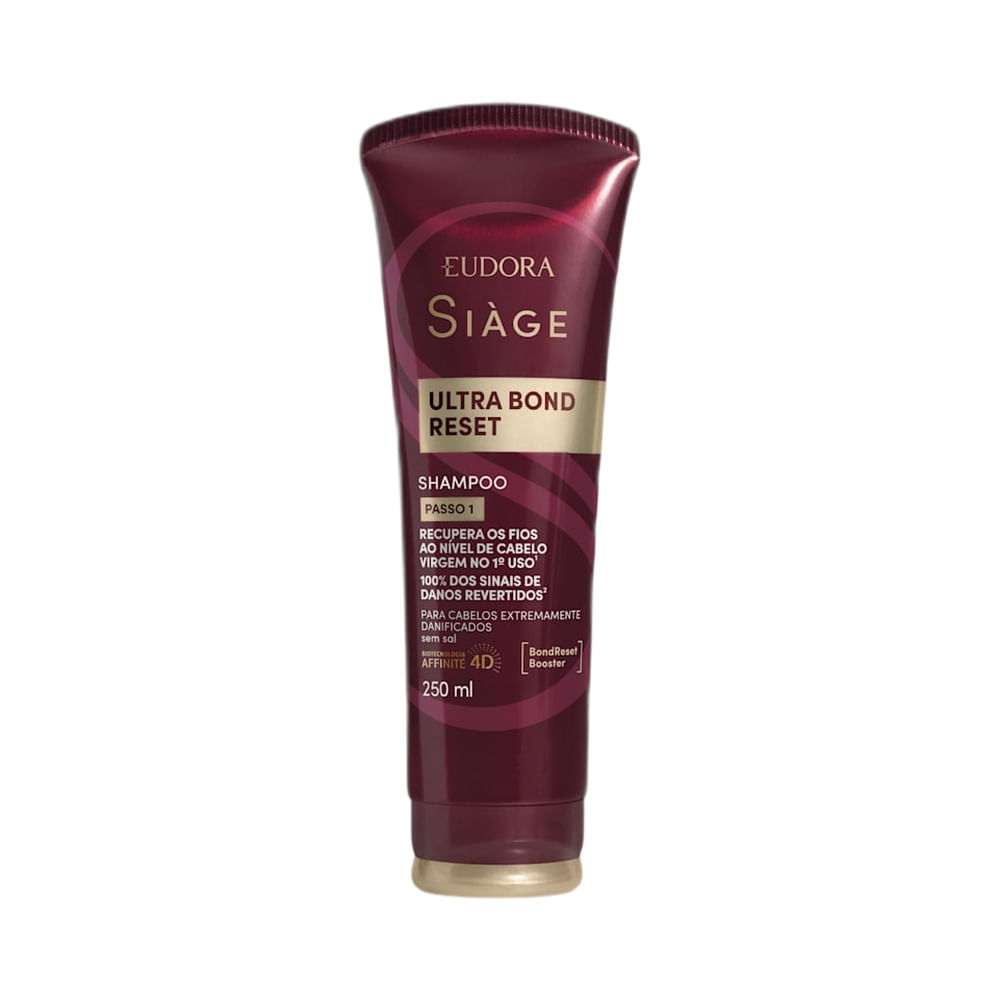Tubo de shampoo Siàge Ultra Bond Reset 250ml com rótulo vermelho e dourado